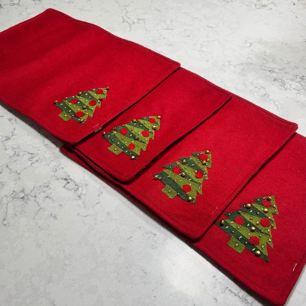 Domain Red Wool Christmas Tree Placemat‎ Set of 4 Beaded 13 x 19 Appliquéd